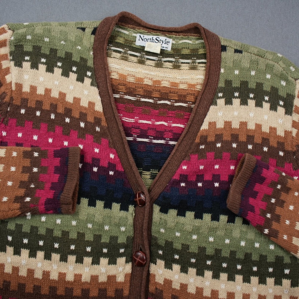 Vintage NorthStyle Geometric Knit Cardigan Sweater M Buttons Pockets Ramie Blend - Picture 9 of 10